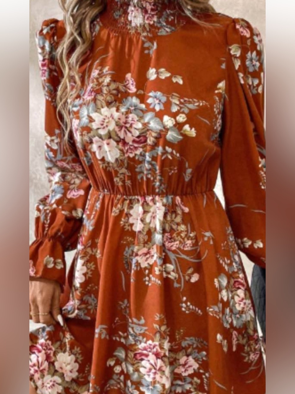 Floral Smocked-Neck Dress - Rust Red